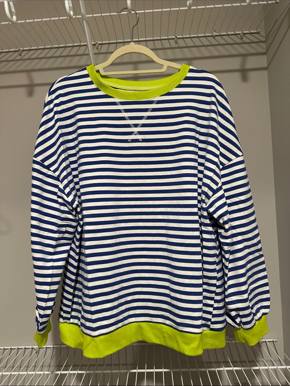 Women’s Blue & White Stripe Top with Lime Trim